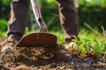 Farmer cultivating land in the garden with hand tools. Soil loosening. Gardening concept....