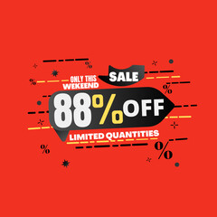 88% percent off(offer), limited quantities, red and yellow 3D super discount sticker, sale.(Black Friday) vector illustration, Eighty-eight 