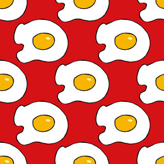 Seamless pattern with fried egg on red background. Vector image.