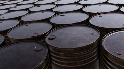 Realistic 3D illustration of the weathered and rusty old petrol barrels