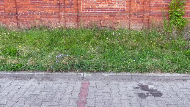 PANORAMA Z ZEWNĄTRZ FASADY STAREGO BUDYNKU.
TŁO, FASADA BUDYNKU Z CEGŁY.