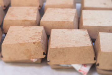 Cardboard food boxes for fast food with french fries and burgers, take out food carton ecological packaging to go, delivery containers with catering dinner meals