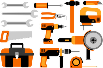 Set of mechanical and electrical tools. Worker tools in cartoon style. Hardware instruments.