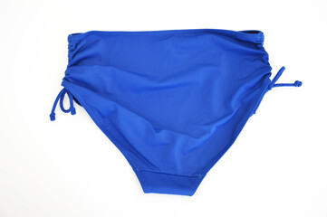Blue beach women's panties on a white background. Back view. Beachwear.
