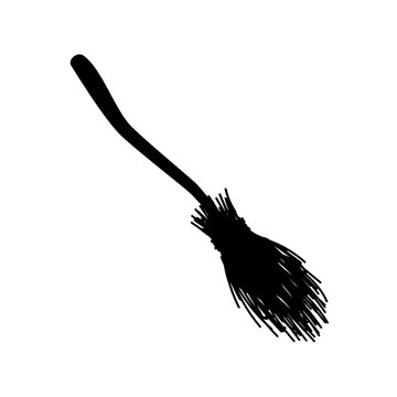 Magic black broom silhouette. Creepy symbol of magical witch flight and witchcraft rituals. Vintage street and house sweeping tool