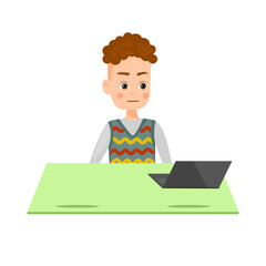 The boy is sitting at desk with laptop. Homeschooling Concept. Online studing. Cartoon style, vector illustration