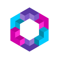 Colorful hexagon shape made of 3D elements. Creative logo template. Letter L reapeating. Symmetric geometric object. Teamwork concept. Building, architecture idea. Vector illustration, clip art. 