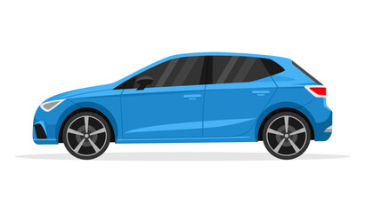 Obraz na płótnie Canvas Blue hatchback car side view on a white background. Flat vector illustration