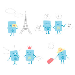 Identity document character, cute and funny passport, travelling concept, cartoon vector illustration isolated on white background.