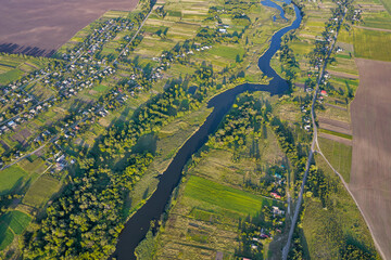 Drone view over summer sunset river Ros landscape, Ukraine.