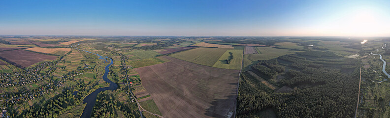 Drone spherical panorama of summer sunset river Ros landscape, Ukraine.