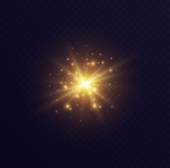 Star burst with sparkles, lens flare with particles, golden star explosion. Shining sun with fairy dust. Transparent vector light effect.