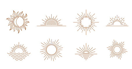 Sun logo design in simple modern line style. Boho element vector set