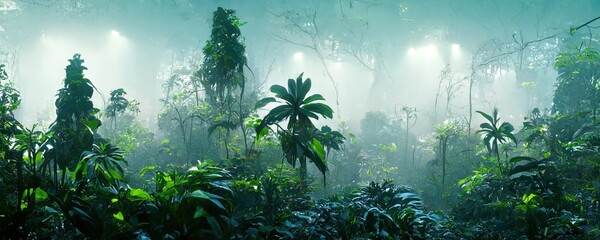 Foggy dark excotic tropical jungle illustration design - obrazy, fototapety, plakaty