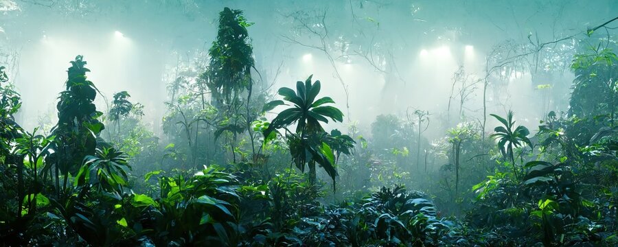 Foggy dark excotic tropical jungle illustration design