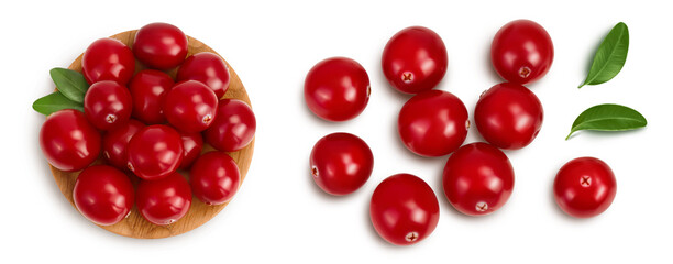 Cranberry with leaves isolated on white background with clipping path and full depth of field. Top view. Flat lay