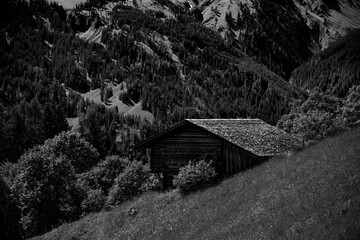 A cabin in the alps in black and white