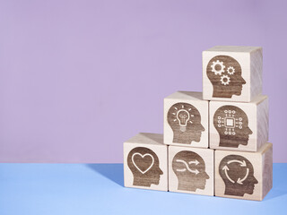DIGITAL, THINKING, FLEXIBLE, CREATIVITY, CAPABILITY and TECHNICAL symbols on wood blocks