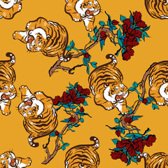  Tigers. Fashion vector illustration. Seamless pattern with stylized tigers. Surface animalistic background. illustration for fabric, wallpaper, cover, cards, pet products and other. - Vector