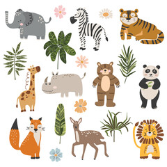 Abstract baby animals set, boho baby animals collection, funny animals vector, tropical leaves, jungle animal set