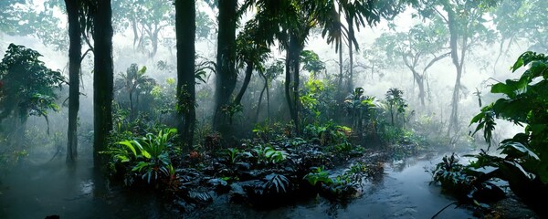 Foggy dark excotic tropical jungle illustration design. Generative AI - obrazy, fototapety, plakaty