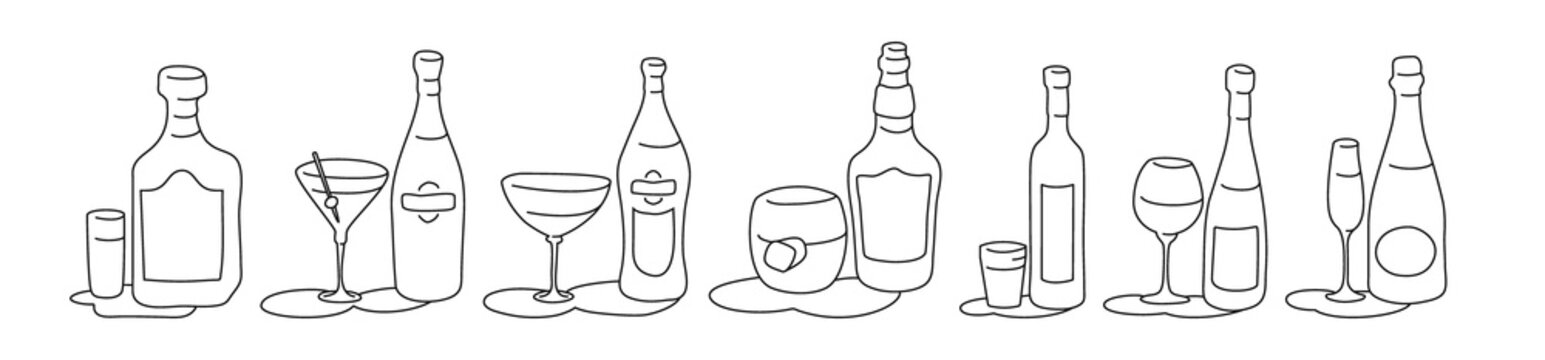 Rum martini vermouth whiskey vodka wine champagne bottle and glass outline icon on white background. Black white cartoon sketch graphic design. Doodle style. Hand drawn image. Party drinks concept
