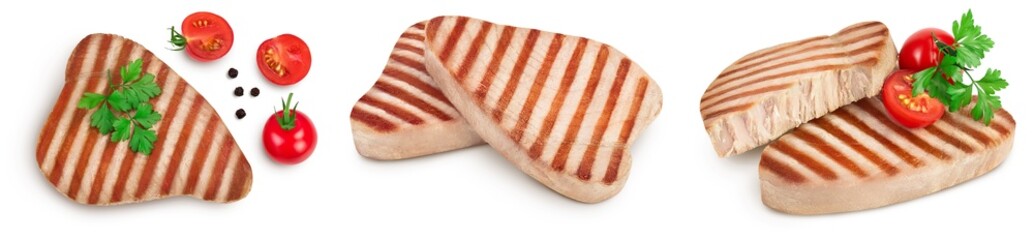 Tuna fish steak grilled isolated on white background with full depth of field, Top view. Flat lay. Set or collection