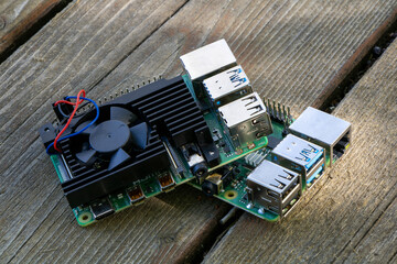 Two Raspberry Pi 4B Microcomputers stacked on each other outdoors for electrical engineering micro pc prototyping
