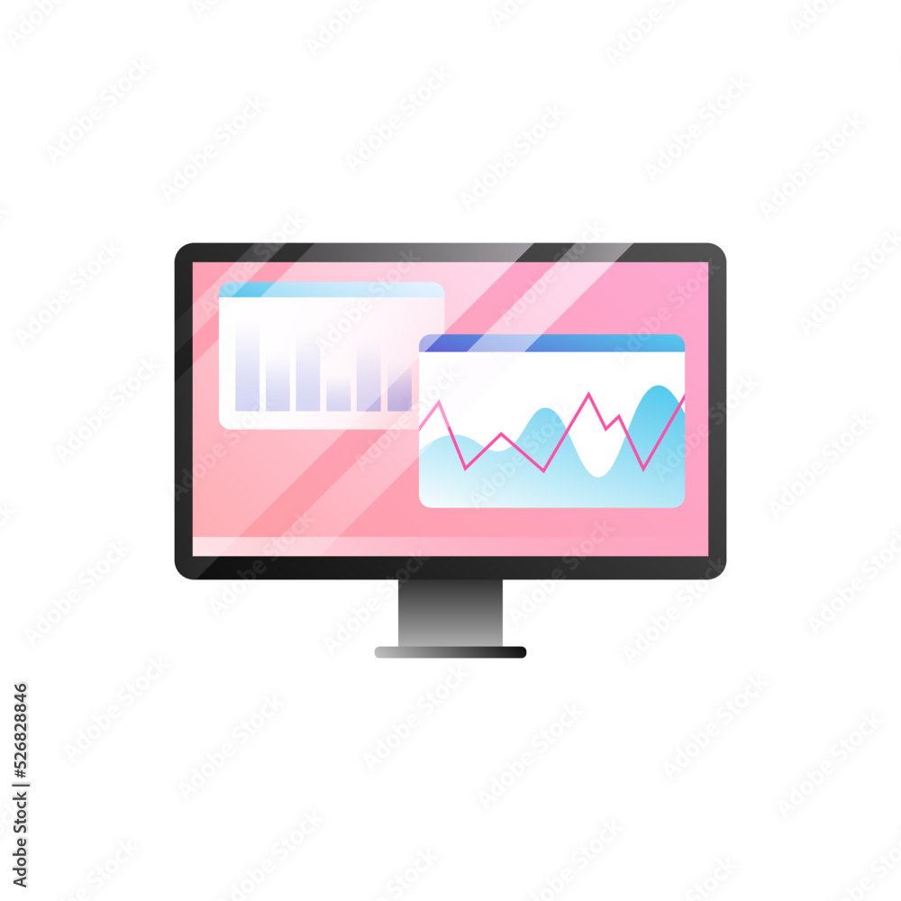 Poster computer monitor with graph and chart on white background. isolated graphic element. vector illustra