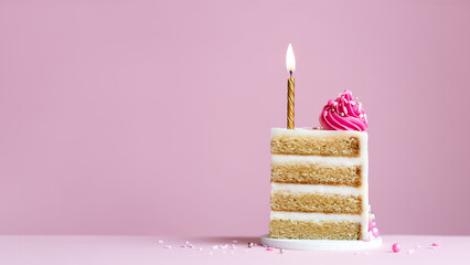 Slice of birthday cake with gold birthday cake candle and pink frosting - obrazy, fototapety, plakaty