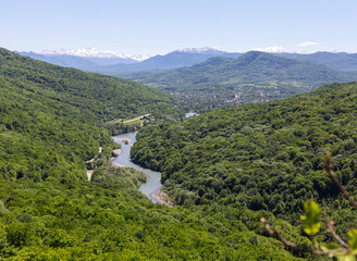 canyon in the mountains, panorama of the area, summer season, awakening in nature and the birth of a new day.