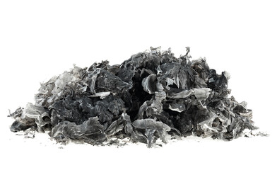 Pile of charred paper scraps isolated on a white background. Burnt paper. Ash.