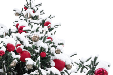 Beautiful fir tree decorations and lights of traditional Christmas fair. Holidays concept. Winter holiday season background.