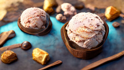 Appetizing chocolate ice cream balls and vanilla
