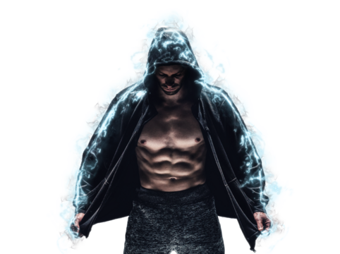 Brutal strong athletic bodybuilder posing. Electric power explosion from muscles after workout. Transparent Background. Copy space for sport nutrition ads