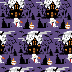 Seamless spooky Halloween vector pattern with haunted house in graveyard. Use as a background, wallpaper or print on a fabric. Convenient for any design surfaces.