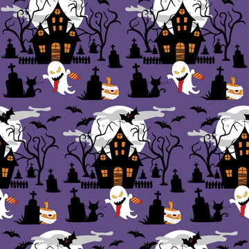 Seamless spooky Halloween vector pattern with haunted house in graveyard. Use as a background, wallpaper or print on a fabric. Convenient for any design surfaces.