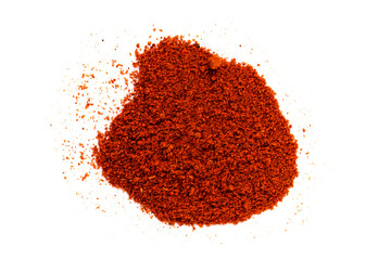 Red pepper paprika powder isolated on white background, top view. Pile of red pepper powder on a white background. Cayenne pepper powder, top view. Pile of red powder isolated on white background.