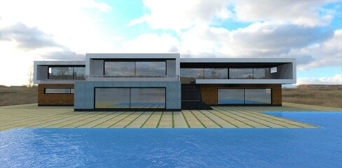 Newly built country house. Minimalistic modern design. Blue pool cloudy sky. Paving stone from concrete slabs. 3d render.