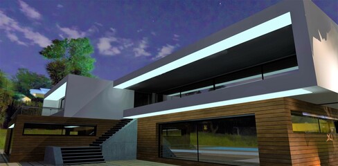 Night view of a small cozy country house. The game of LED lighting on the facade. Concrete stairs and wooden walls. 3d render.