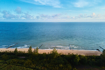 Drone aerial view of sea coastline landscape with sand beach and park,Baltic sea coastline in Poland