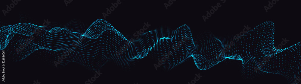 Poster a moving digital 3d wave. futuristic dark background with dynamic blue particles. the concept of big