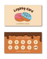Loyalty card template. Cartoon donuts. Vector design - obrazy, fototapety, plakaty