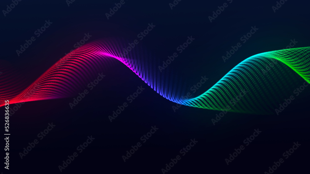 Poster sound visualization. wave flow of colored particles. big data. technological background. network con