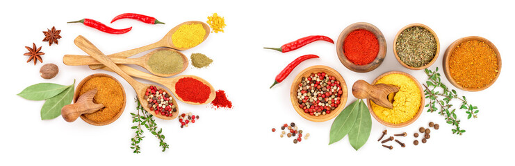 mix of spices in wooden spoon isolated on a white background. Top view. Flat lay. Set or collection