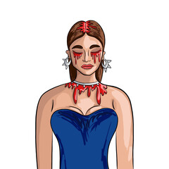Hand drawn female portrait. Brunette lady with bloody make up and silver accessories in punk style. Halloween fashion illustration. - 526837009