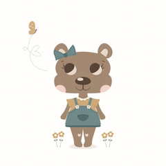 Cute animal. Cute little bear girl with a butterfly. Editable vector illustration