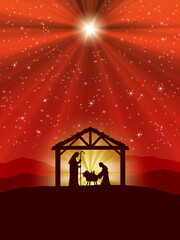 Chritmas Nativity Scene on red starry background © lukbar