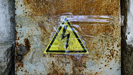 Rusty electrical panel door Electrical hazard high voltage sign