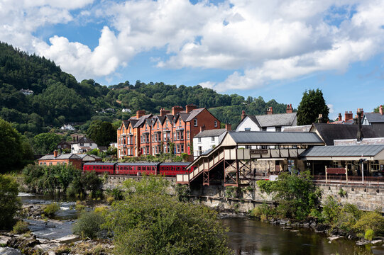 Llangollen, Wales, 27 August, 2022: Old railway station museum and beautiful town of Llangollen, Wales, UK during nice summer day
